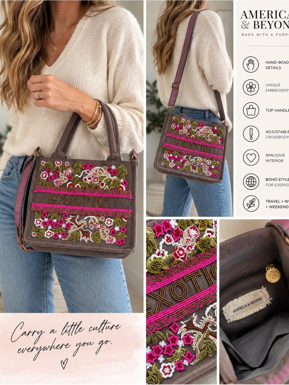 America & Beyond Exotic Beaded Floral Embroidered Crossbody Tote Bag